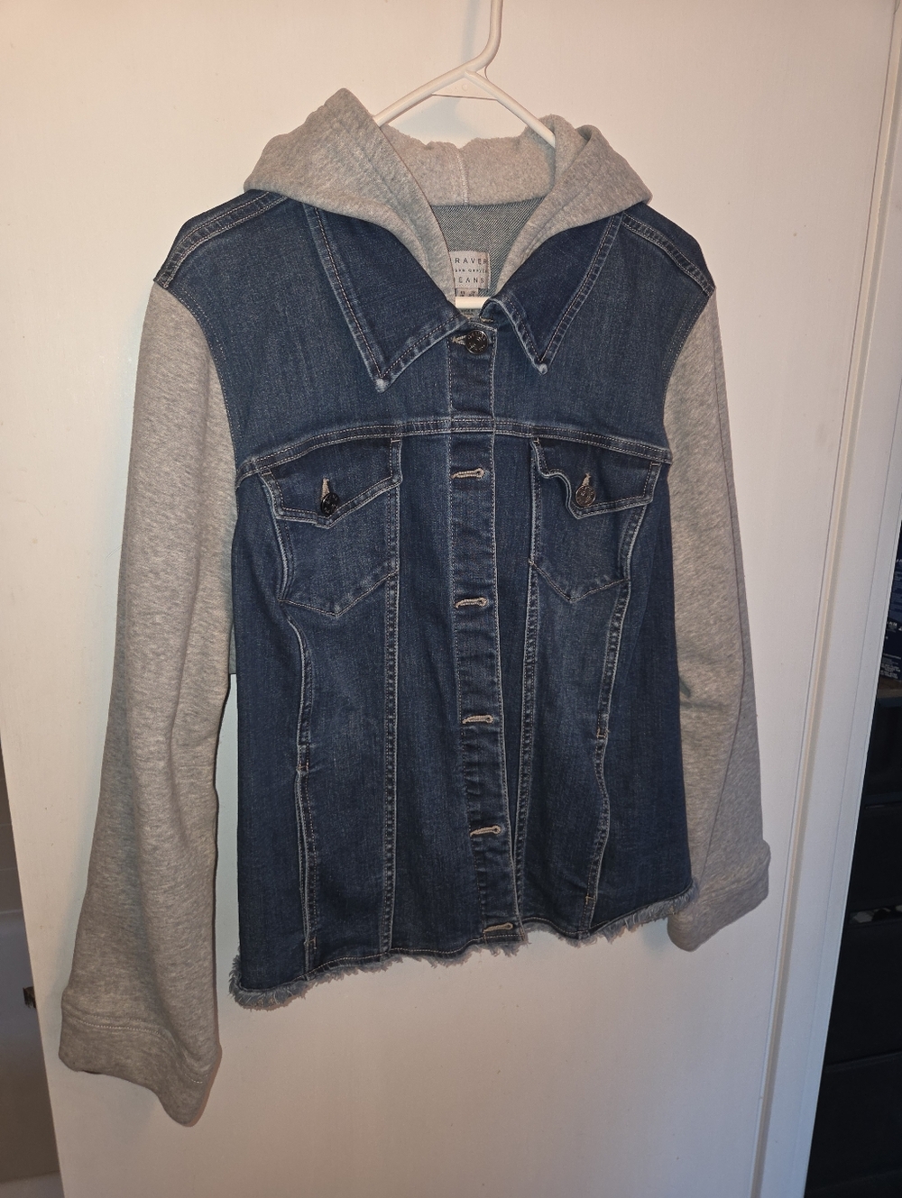 Susan Graver Dark Blue Denim Jacket with Light Gray Hoodie Lining
